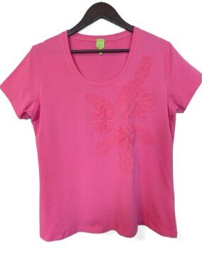 Adam Jacobs Hot Pink Floral Cotton Embellished Tee Top Size Large NWOT